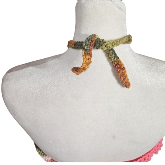 Handmade Crochet Halter Top Boho Camo Pink Green Swim Cover Up Top - Picture 13 of 17